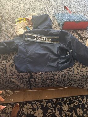 Dior womens Navy Hooded Puffer Jacket with Christian Dior Stripe